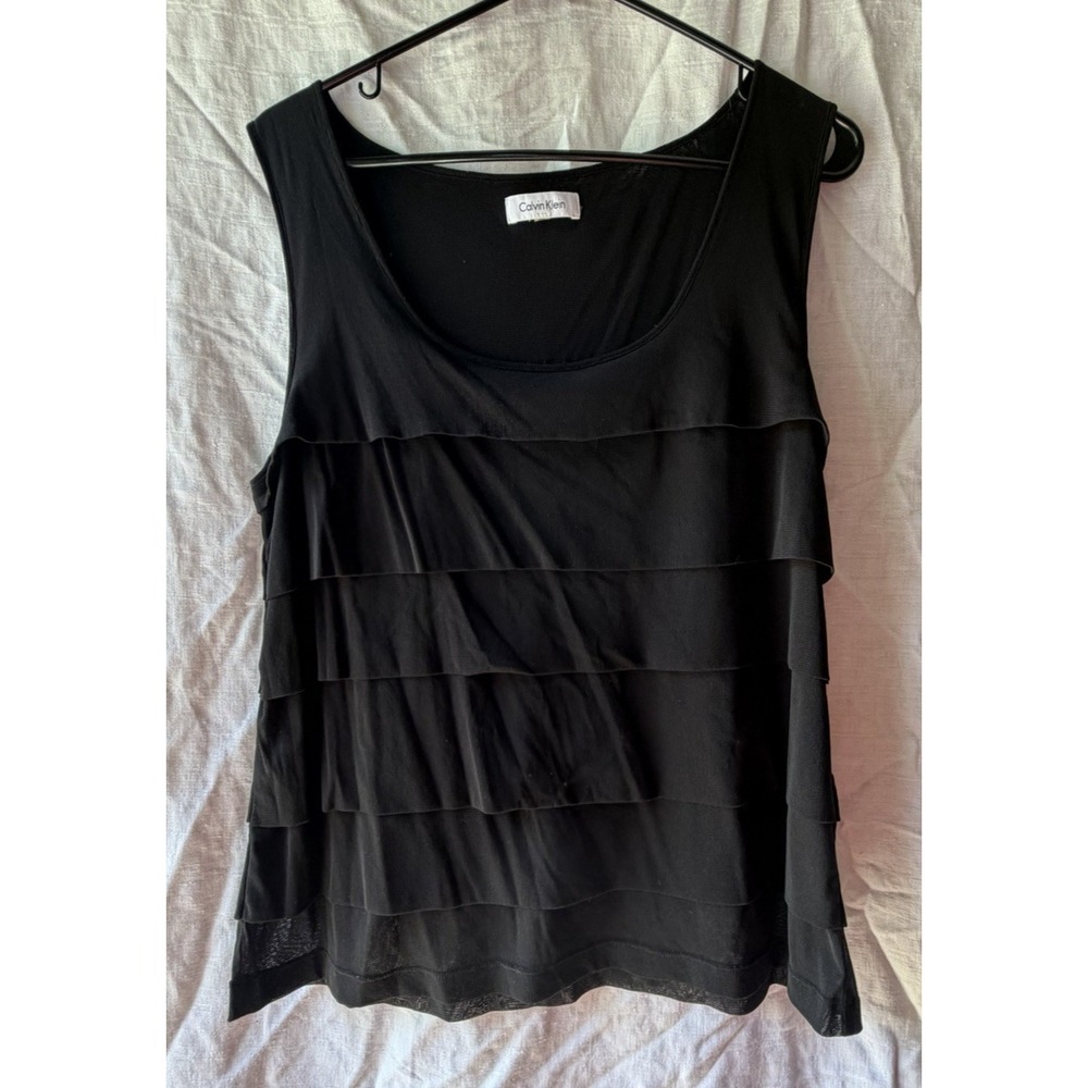 Calvin Klein Women's Sleeveless Black Layered Ruffled Top‎ Y2K Office